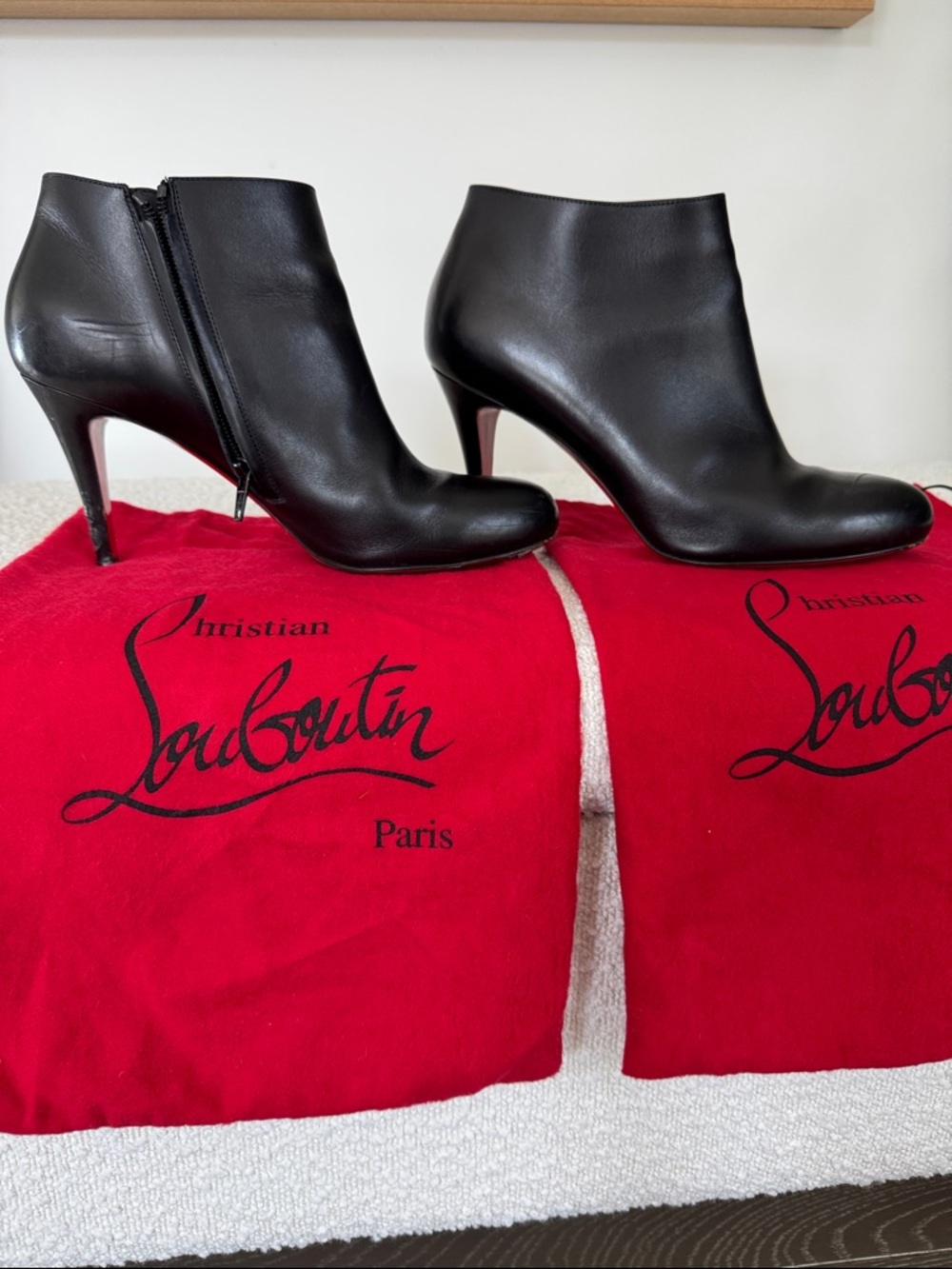 Christian Louboutin Black Leather Ankle Booties with Red Sole Detail